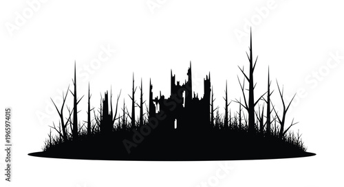A stark black silhouette of a castle ruin amidst a barren landscape of dead trees and grass silhouette high quality professional