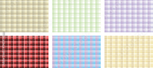 Colorful gingham fabric pattern set with soft pastel variations. Classic checkered textile backgrounds for clean versatile design. Multi color collection ideal for template, branding, or presentation 