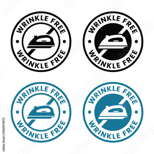 Four circular emblems showcase an iron and the phrase wrinkle free with varying color schemes a striking silhouette high quality professional detailed modern
