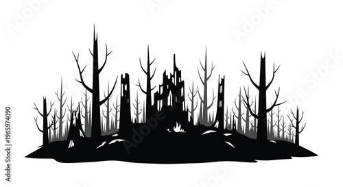 A stark black silhouette depicts a ruined castle amidst a desolate barren forest landscape a haunting silhouette high quality professional