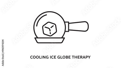 Minimalist black and white line drawing of an ice globe therapy tool used for cooling and muscle recovery. Ideal for wellness, healthcare, and fitness marketing materials.