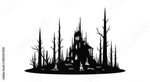 A dark imposing castle stands amidst a barren landscape of skeletal trees presented as a striking silhouette high quality professional detailed