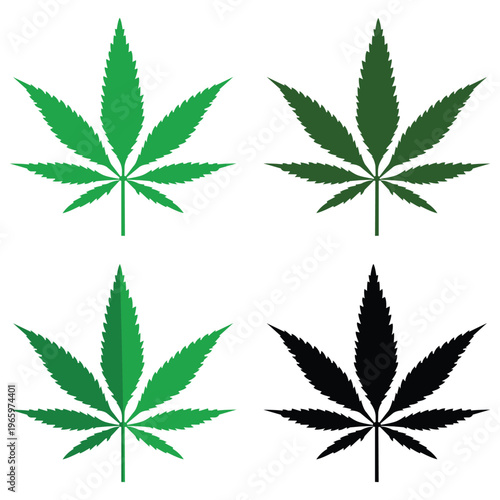 Four marijuana leaf icons green and black leaf. Drugs marijuana leaf. Marijuana leaf symbol, marijuana or hemp icon. Vector illustration.