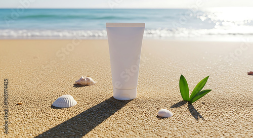 White sunscreen tube on sandy beach with seashells and green leaves desi