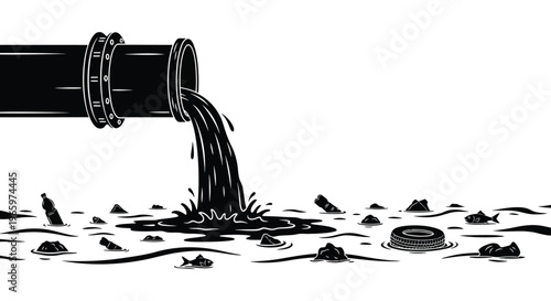 A black pipe expels a dark liquid onto the ground featuring scattered debris in a dramatic silhouette high quality professional detailed