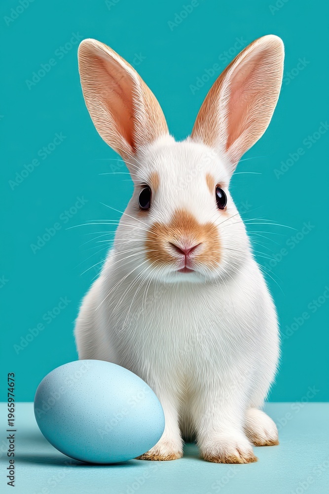 Obraz premium Cute little white bunny with blue Easter egg sitting on teal background for spring celebrations