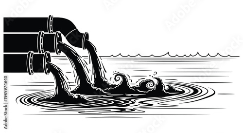 Industrial discharge flows into the ocean depicted in a stark black and white illustration creating a dramatic silhouette high quality professional