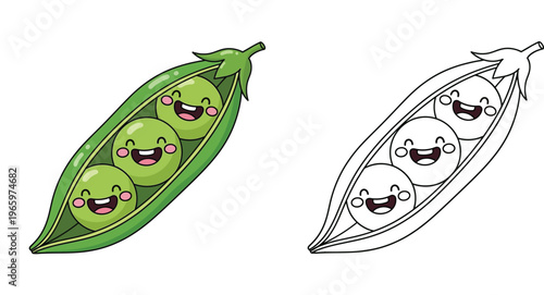 Kawaii Peas in a Pod Illustration and Coloring Page: Cute Smiling Vegetable Characters, Green Pea Pod Cartoon Mascot Vector Set for Kids Education and Coloring Book Activity