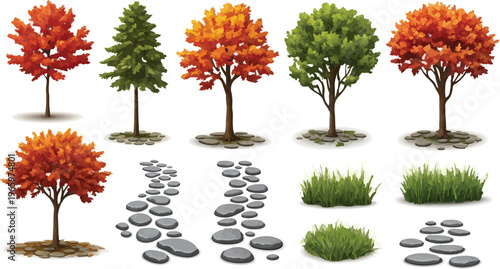 Autumn landscape vector set with colorful fall trees, stone garden paths and green grass tufts, seasonal forest foliage collection for park design and outdoor scenery isolated PNG with