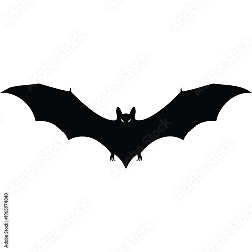 Black bat silhouette, spread wings, glowing eyes, isolated white background, Halloween, spooky, vector graphic