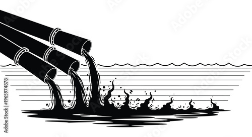 Three industrial pipes discharge waste into the ocean creating a stark and dramatic visual silhouette high quality professional detailed modern elegant