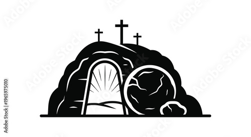 A dark dramatic illustration depicts a tomb with a rolling stone and crosses evoking themes of resurrection and faith silhouette