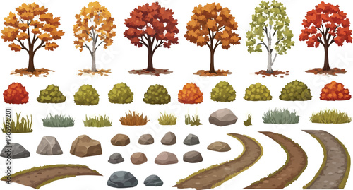 Autumn landscape creator kit with 45 vector elements, fall season trees and bushes with orange foliage, garden path and rock assets for park map design and outdoor scene isolated PNG with