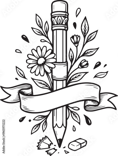 Black and white illustration of pencil with ribbon surrounded by floral decorative elements symbolizing creativity growth and artistic process