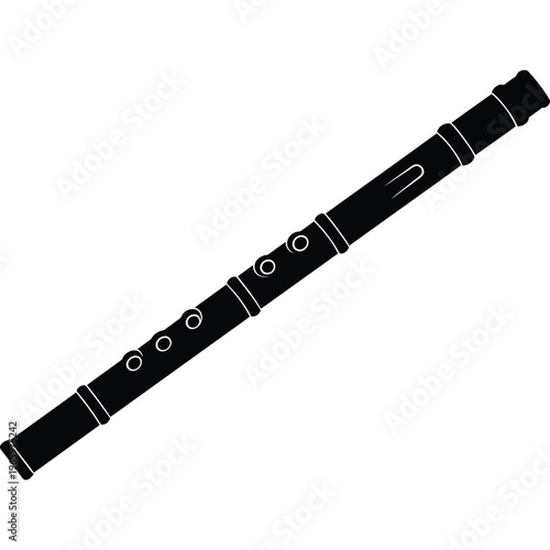Black silhouette recorder musical instrument diagonal white background, woodwind sound melody education design graphic