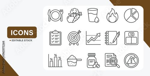 Health and nutrition icon set for meal planning, fitness, and lifestyle tracking