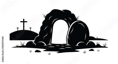 A black silhouette depicts an open tomb with three crosses on a distant hill symbolizing resurrection and faith silhouette high quality