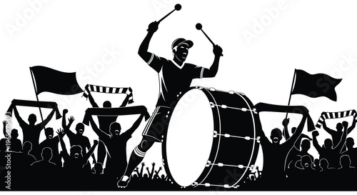 A jubilant drummer leads a crowd of fans waving flags in a dynamic black and white scene silhouette high quality professional