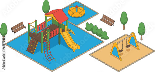 Isometric colorful playground with slide climbing frame swings carousel benches trees modern children park outdoor recreation illustration scene design