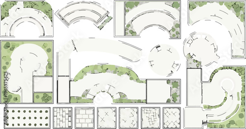 Landscape architecture plan symbols, 15 garden design elements for site mapping, architectural site plan vector set with green trees and paving textures for urban planning isolated PNG with
