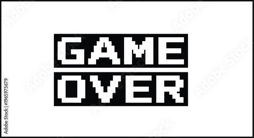 A pixelated game over screen with a black and white design