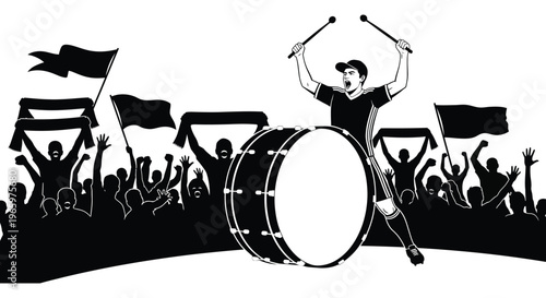A jubilant crowd celebrates with a drummer and waving flags creating a dynamic and energetic scene silhouette high quality professional