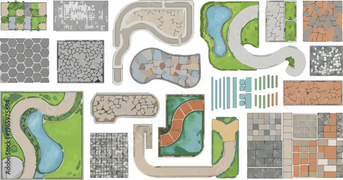 Top-down landscape architecture elements, garden design kit with stone paving and winding paths, urban park planning vector set, architectural site plan textures and tiles isolated PNG with