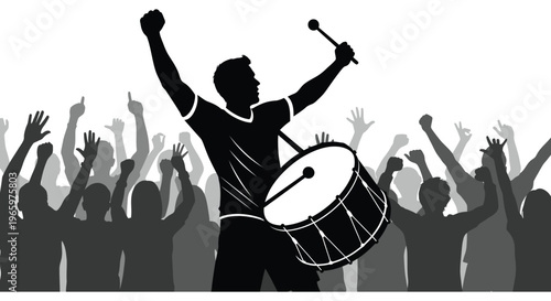 A jubilant drummer raises his arms in victory as a crowd cheers all depicted in a striking silhouette high quality professional