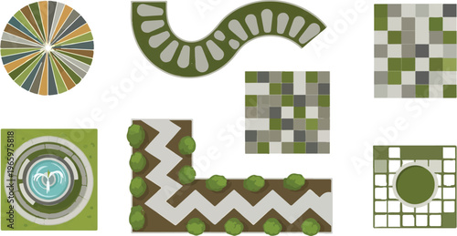 Landscape design elements for garden planning, top view architectural site map symbols, 7 vector garden icons with stone paving and water fountain for backyard layout isolated PNG with