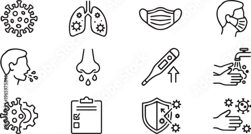 Black and white illustration set of twelve medical icons showing virus mask cough fever handwashing protection and healthcare symbols