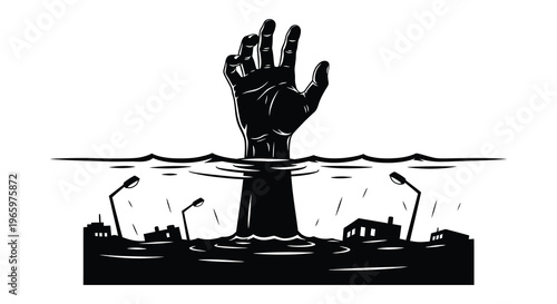 A dramatic image depicts a hand emerging from water overlooking a submerged city presented as a stark silhouette high quality professional