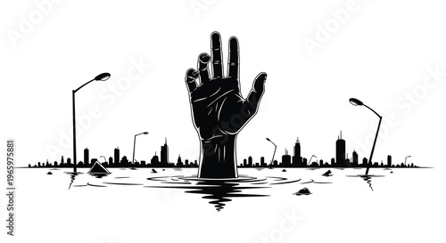A dramatic scene depicts a hand rising from water towards a city skyline creating a stark silhouette high quality professional detailed