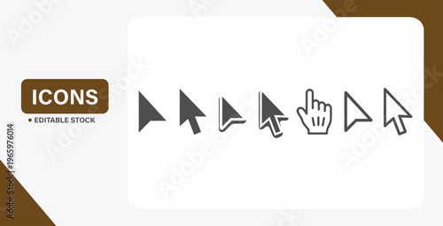 Computer cursor and click pointer icon set with gray arrow controls and loading interface symbols