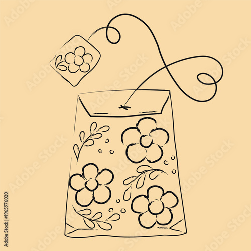  bag of chamomile tea. A soothing hot drink. Herbal decoction. Vector stock illustration. Hand-drawn.