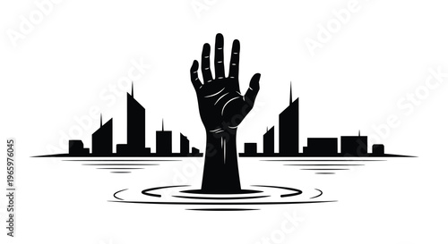 A dark hand emerges from water amidst a city skyline creating a dramatic and unsettling visual silhouette high quality professional detailed