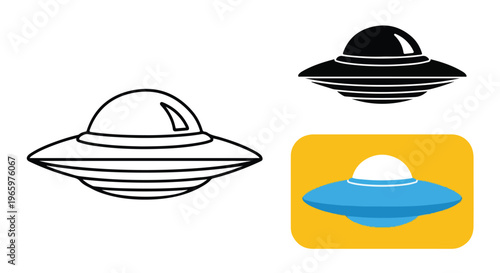 Collection of stylized flying saucer icons representing alien spacecraft in different artistic styles and colors