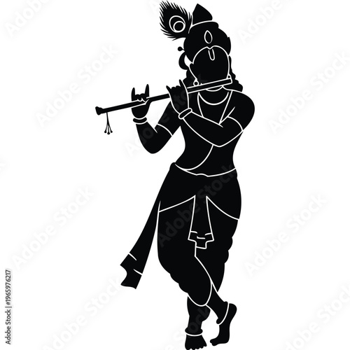 Lord Krishna silhouette playing flute, peacock feather crown, Hindu deity vector art, serene Indian god, white background, devotional