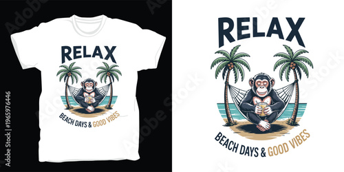 Relax beach days and good vibes, cute monkey chilling in hammock on tropical beach.