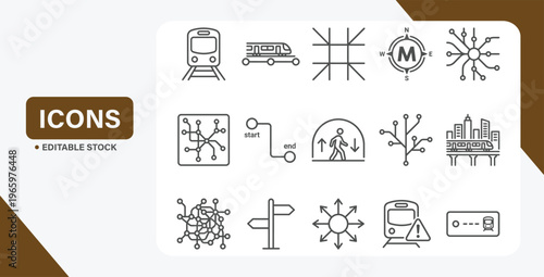Urban metro transportation icon set with subway maps, routes, and transit network lines