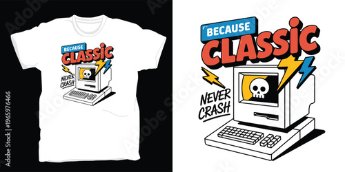 Retro computer with skull on screen and lightning bolts and text.