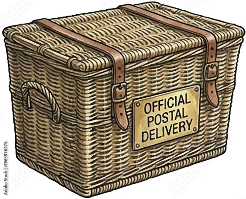 Official Postal Delivery Wicker Hamper Basket with Leather Straps Illustration