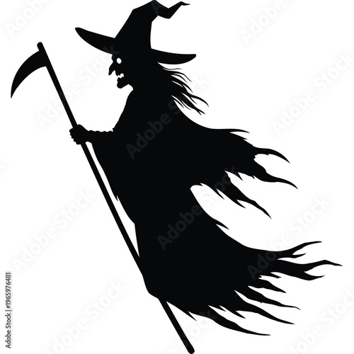 Spooky Halloween Witch Silhouette with Scythe, Glowing Eyes, Tattered Robes, Magic, Macabre, Supernatural Graphic