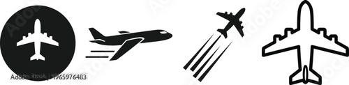 A set of four airplane icons in different styles and poses on a white background