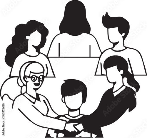 Group mentorship and guidance with handshake and conversation focus