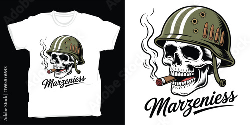 Skull soldier in military helmet with cigar and bullets t-shirt graphic design.