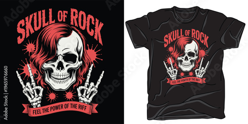 Skull rock music emblem with rock hand gesture and colorful splashes.