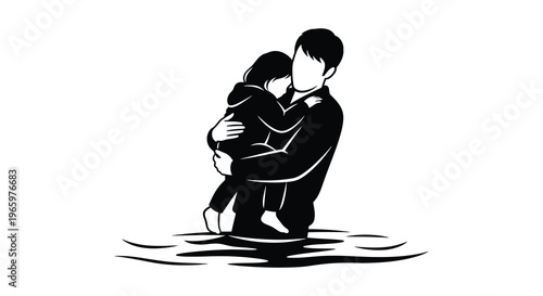 A tender moment depicting a father embracing his young daughter presented as a striking black silhouette high quality professional detailed modern