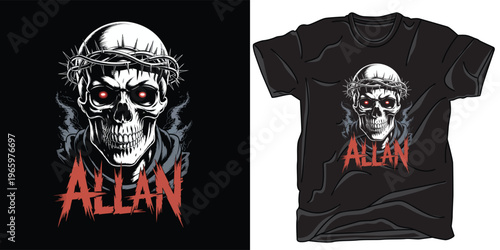 Skull with crown of thorns and red eyes wearing hood t shirt design.