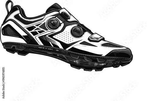This is a black and white MTB cycling shoe with a dial closure and a grooved sole for off-roading.