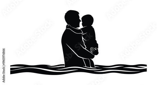 A tender moment captured a father lovingly holds his baby against a watery backdrop a striking silhouette high quality professional